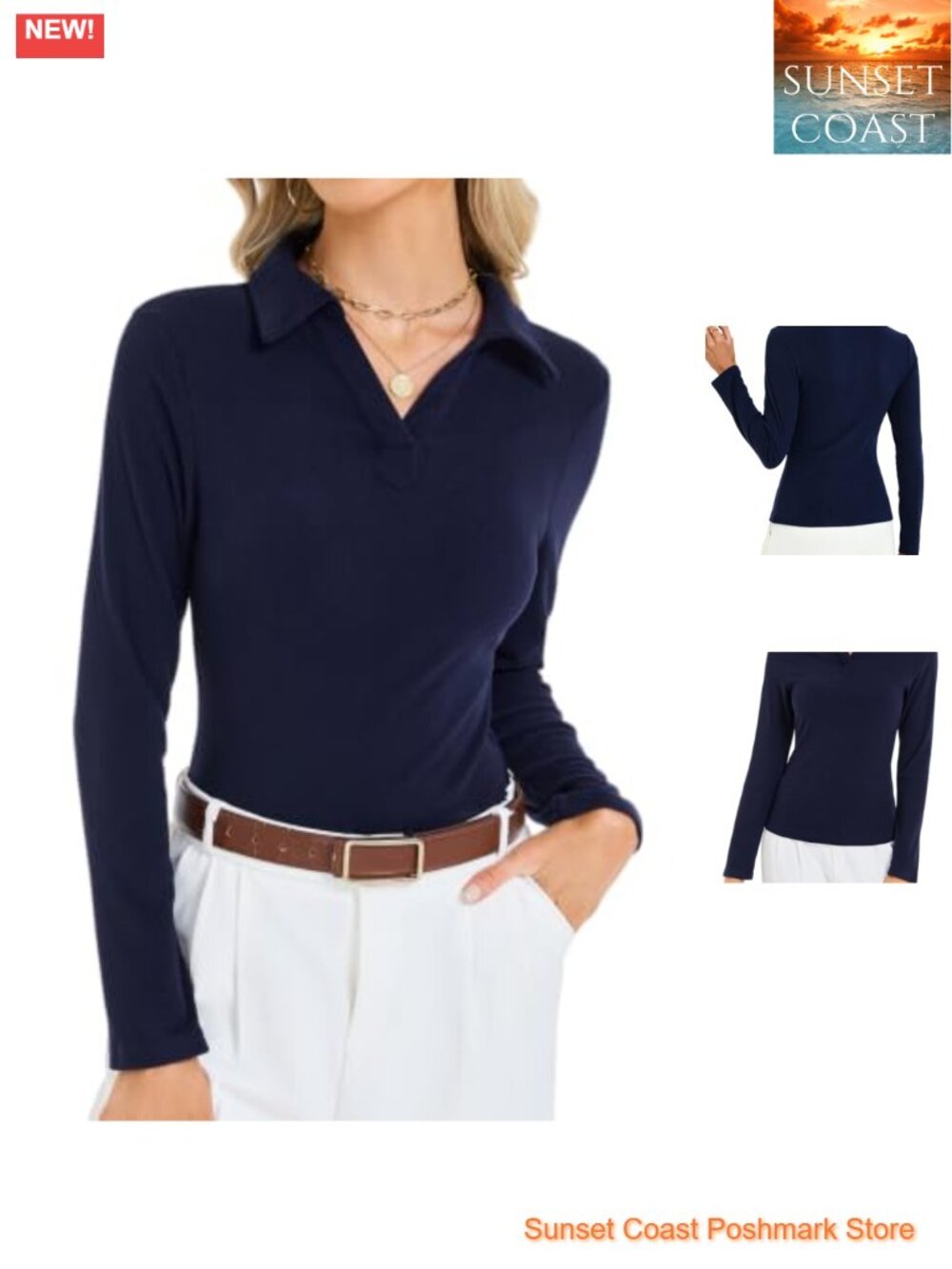 Ribbed Knit Long Sleeve Polo Shirt Collared V Neck Slim Fit